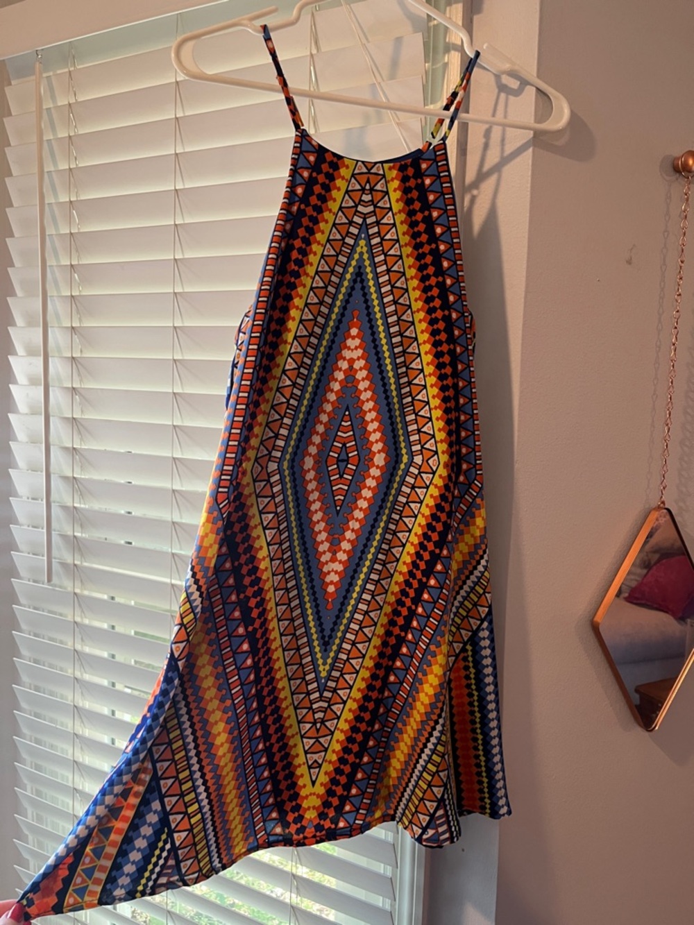 Vibrant Geometric Halter Dress in Blue, Orange & Yellow